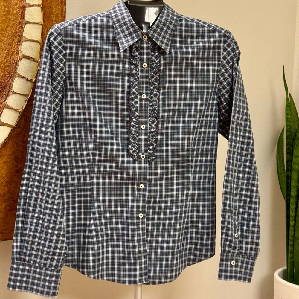 Brooks Brothers Cotton Plaid Ruffled Shirt